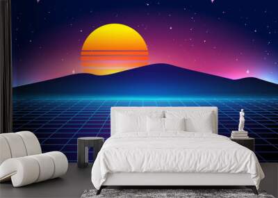 80s Retro Sci-Fi Background, Retro Futuristic Grid landscape of the 80`s.  Digital Cyber Surface. Suitable for design in the style of the 1980`s Vector illustration Wall mural